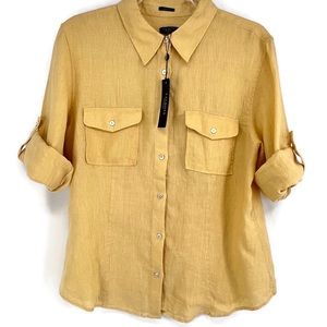 Talbots Linen Button Up Top with Roll Tab Butter Yellow Womens Sz L